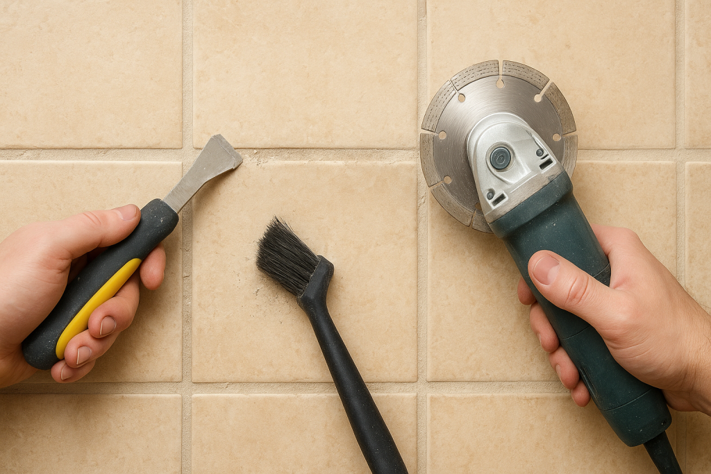 Na zdjęciu widać zbliżenie na płytki ceramiczne w jasnym, beżowym kolorze
