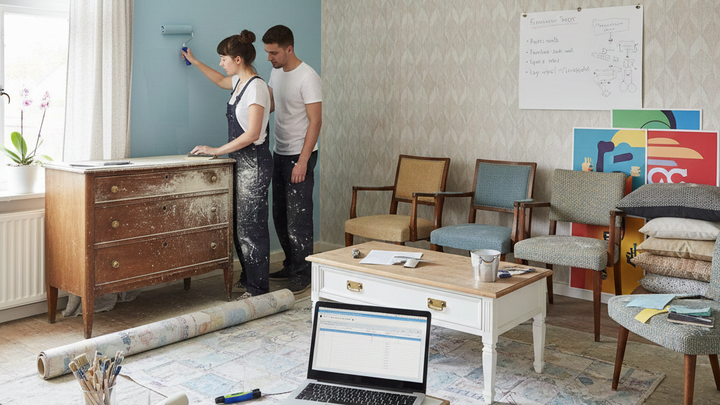Ten obraz przedstawia realistyczną scenę taniego remontu mieszkania, skupionego na pracach "zrób to sam" (DIY) i odnawianiu